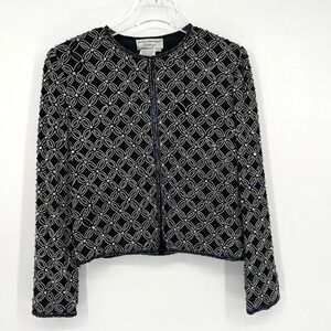 Vtg Papell Boutique Evening Blazer Womens M Beaded Floral Jacket Black‎ Tie